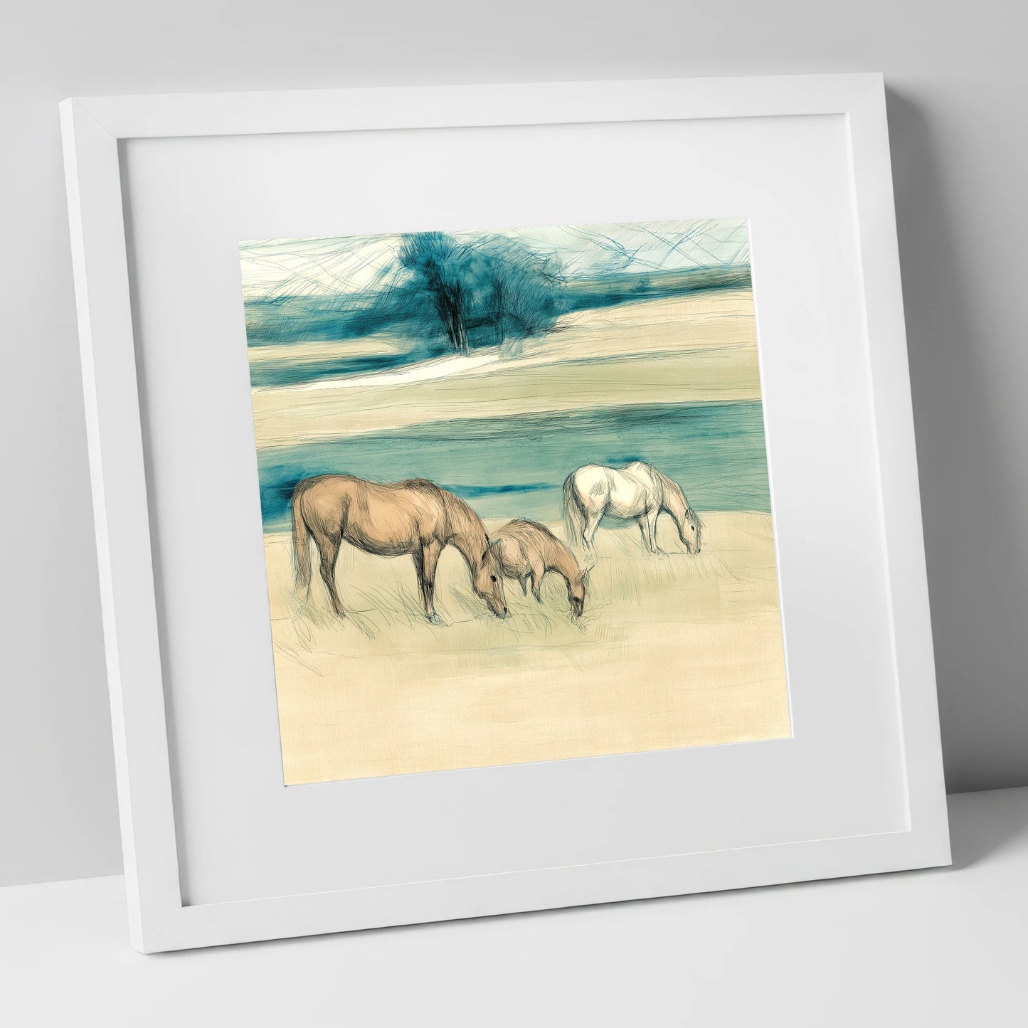 Tranquil Teal Pastures mare & foal art print in white frame