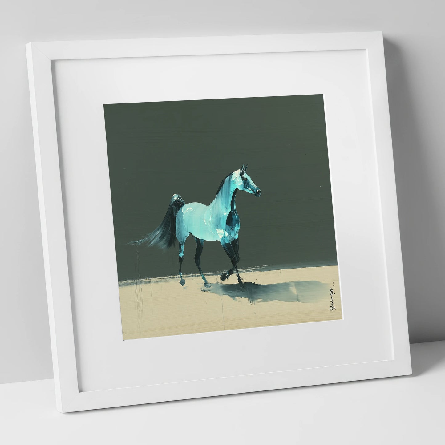 Azure Arabian Spirit horse breed art print in white frame