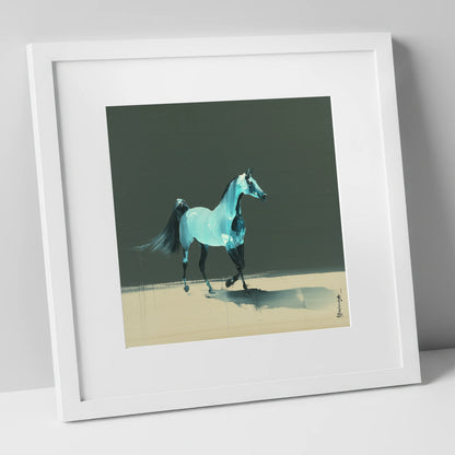 Azure Arabian Spirit horse breed art print in white frame