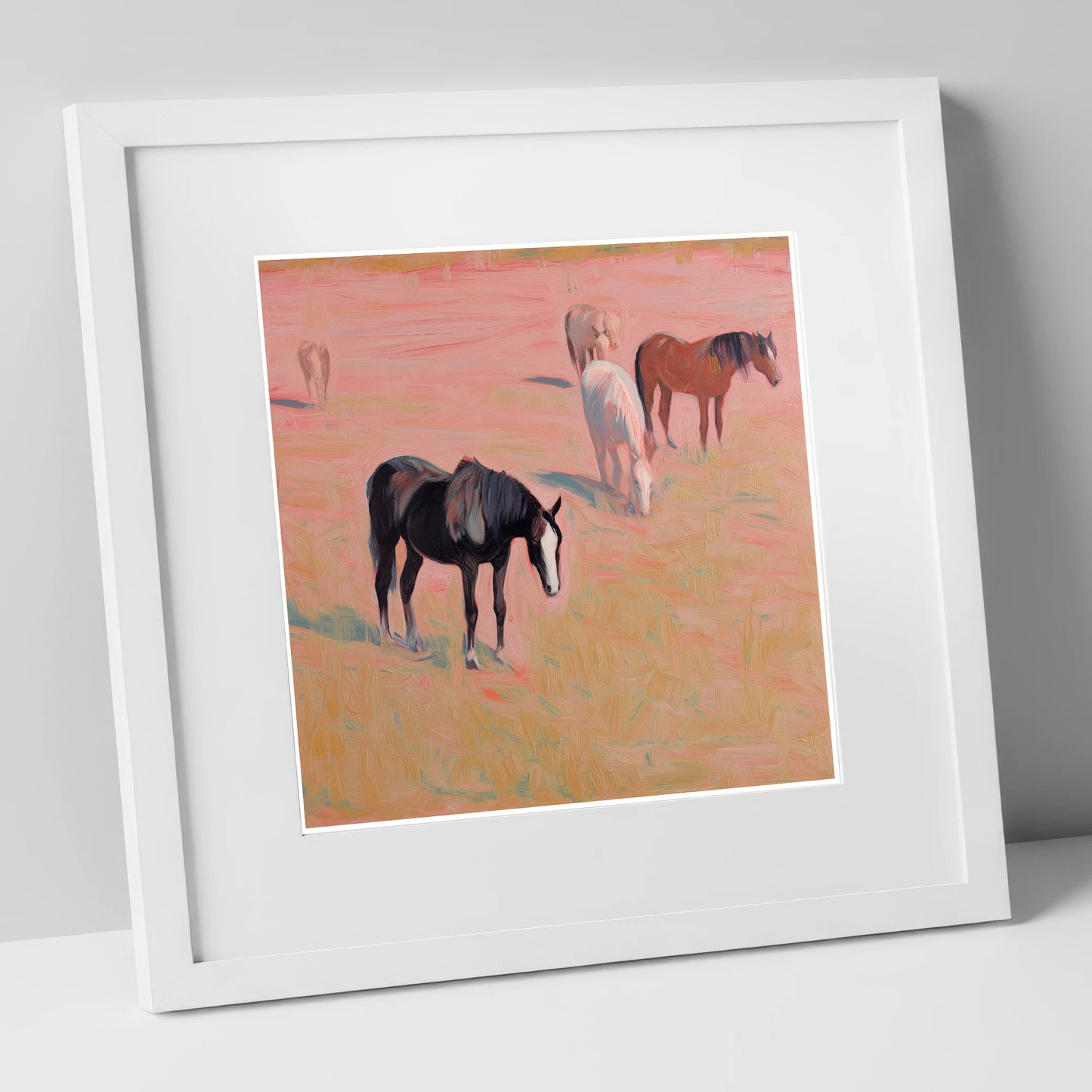 Dusky Rosa Pastures wild horses art print in white frame