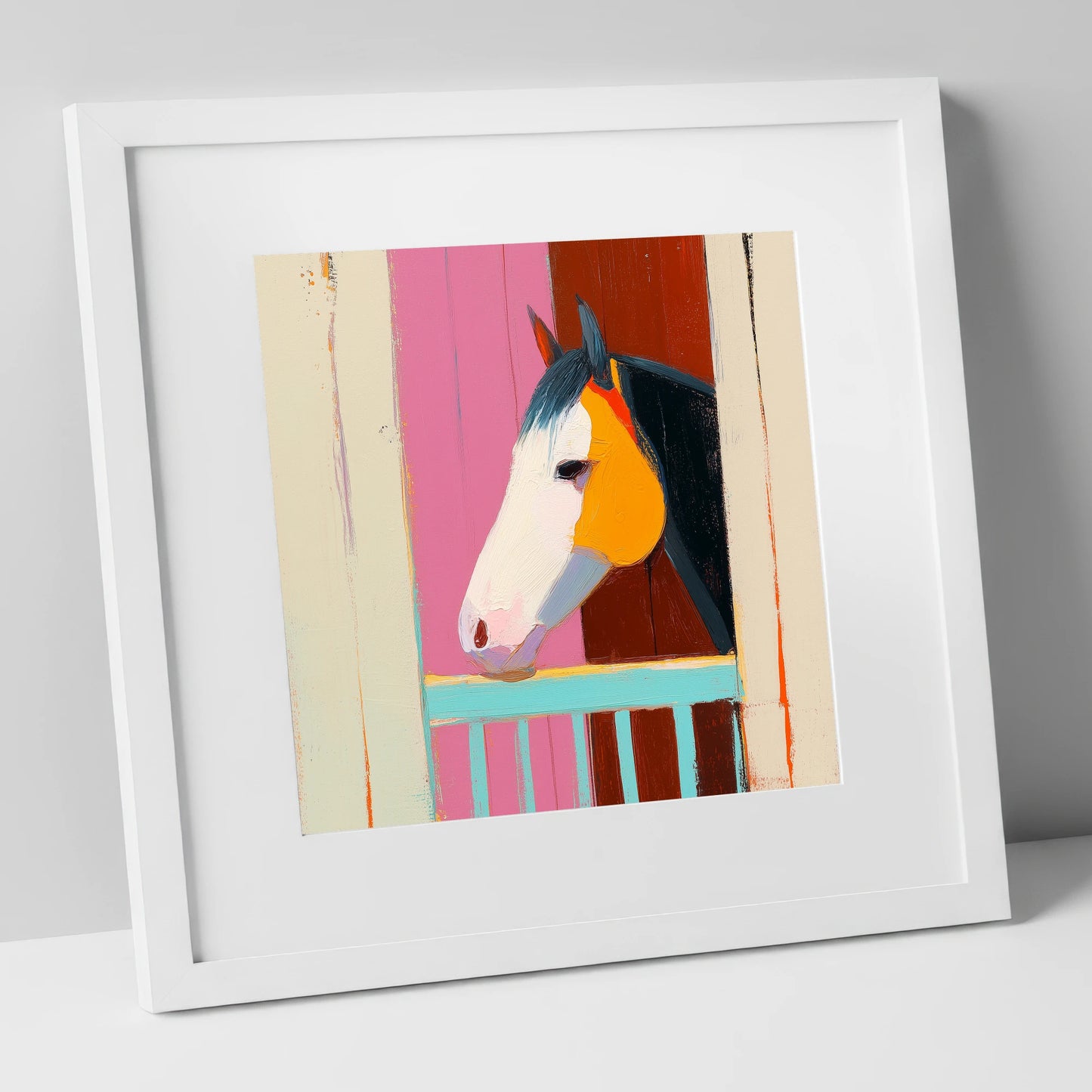 Over the Turquoise Door horse stable art print in white frame