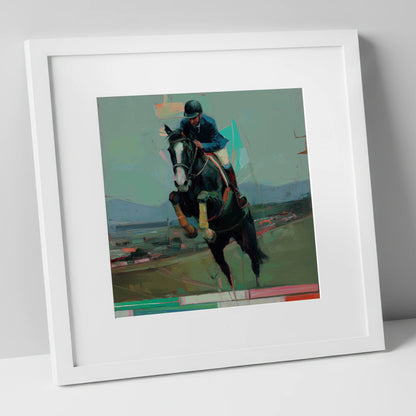 Bold Ascent show jumping horse art print in white frame