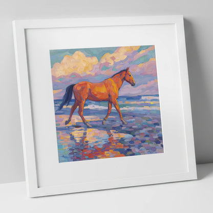 Vibrant Coastal Stroll horse landscape art print in white frame