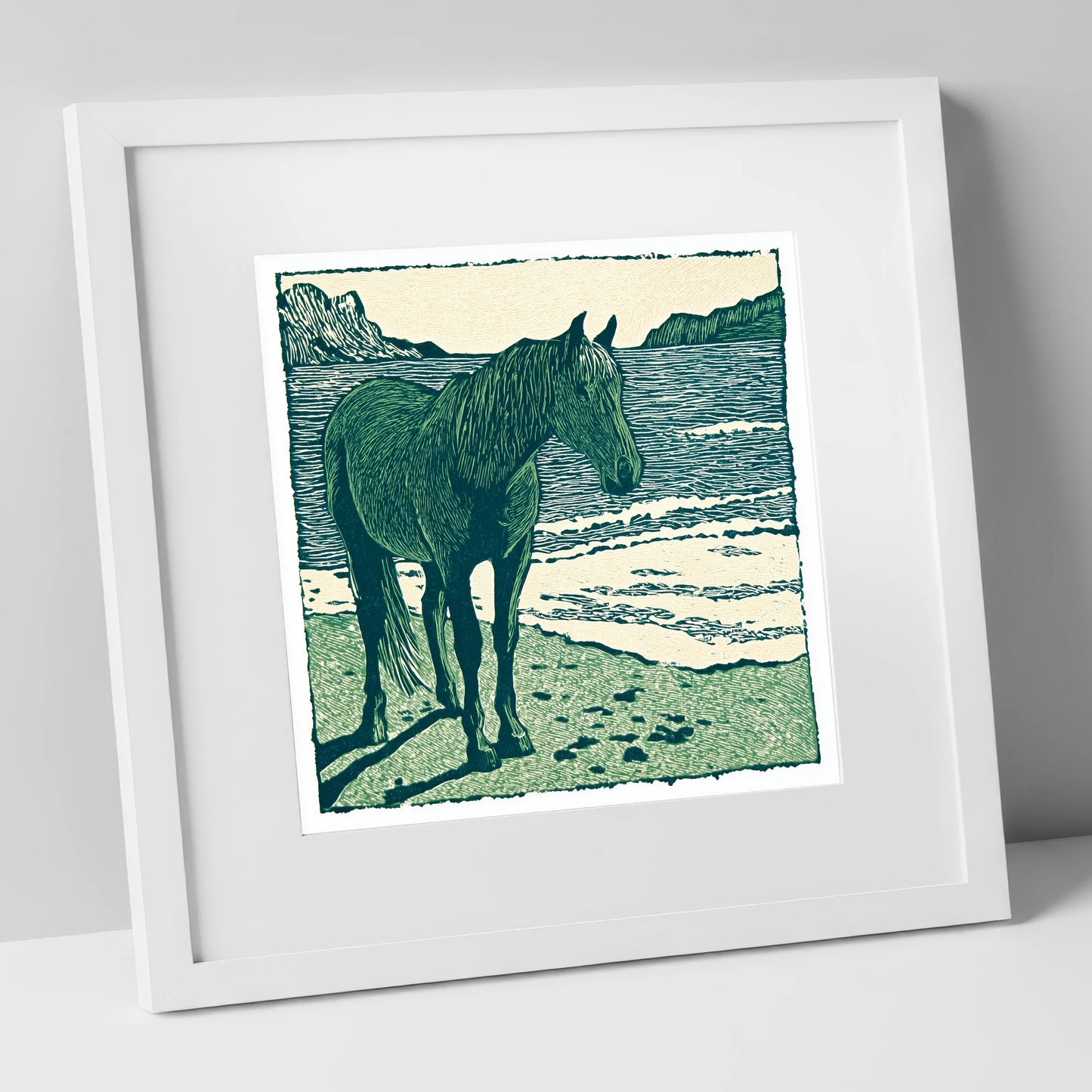Shoreline Solitude horse landscape art print in white frame