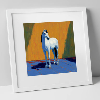 Sun-Drenched White horse breed art print in white frame