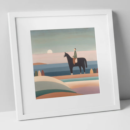 Tranquil Beach Hack beach horse art print in white frame