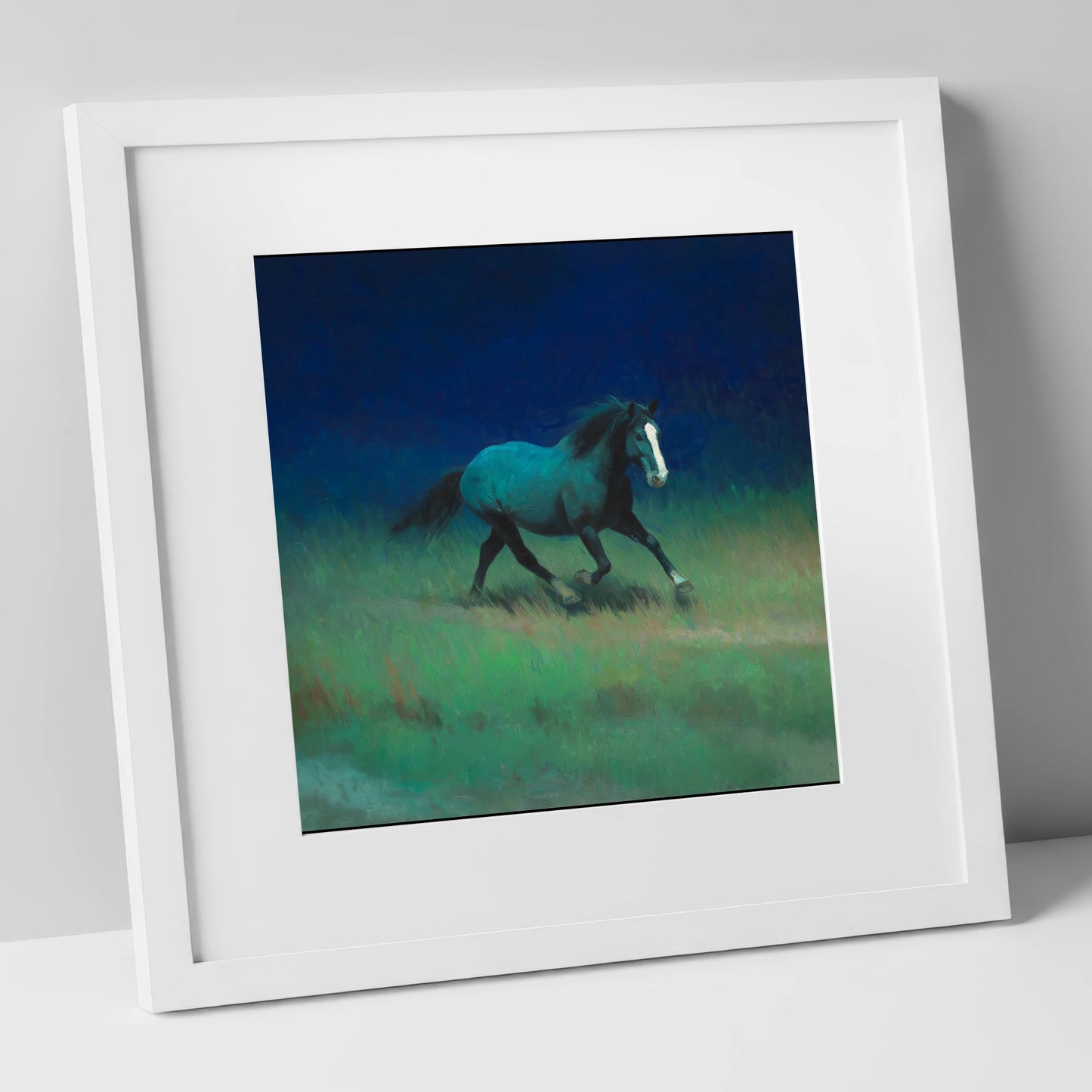 Midnight Canter horse landscape art print in white frame