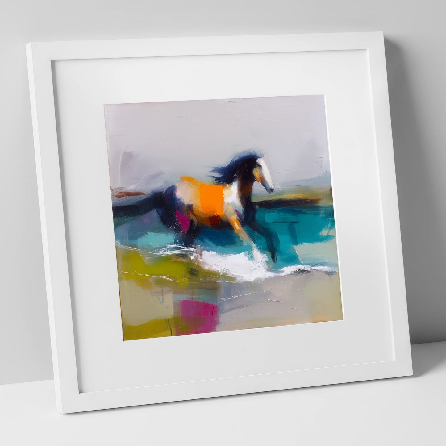 Vibrant Coastal Canter beach horse art print in white frame