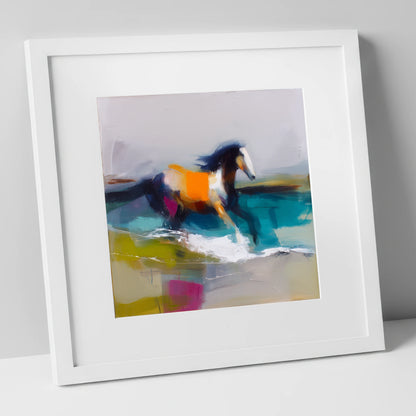 Vibrant Coastal Canter beach horse art print in white frame