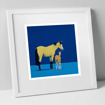 Striking Bonds in Blue mare & foal art print in white frame