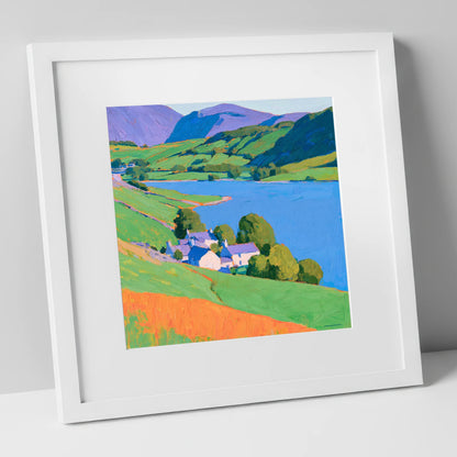 Vibrant Lakeside Valley horse landscape art print in white frame