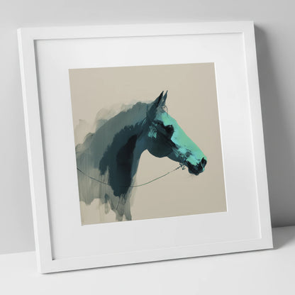 Teal Shadow Profile horse portrait art print in white frame