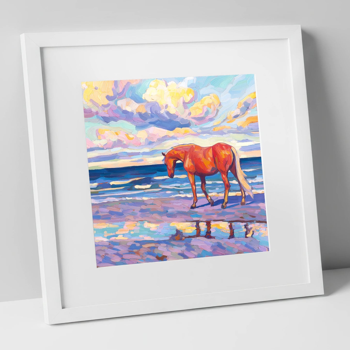 Vivid Coastal Solitude horse landscape art print in white frame