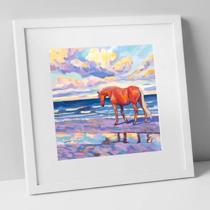 Vivid Coastal Solitude horse landscape art print in white frame