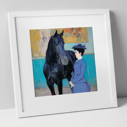 Elegant Acquaintance horse & rider art print in white frame