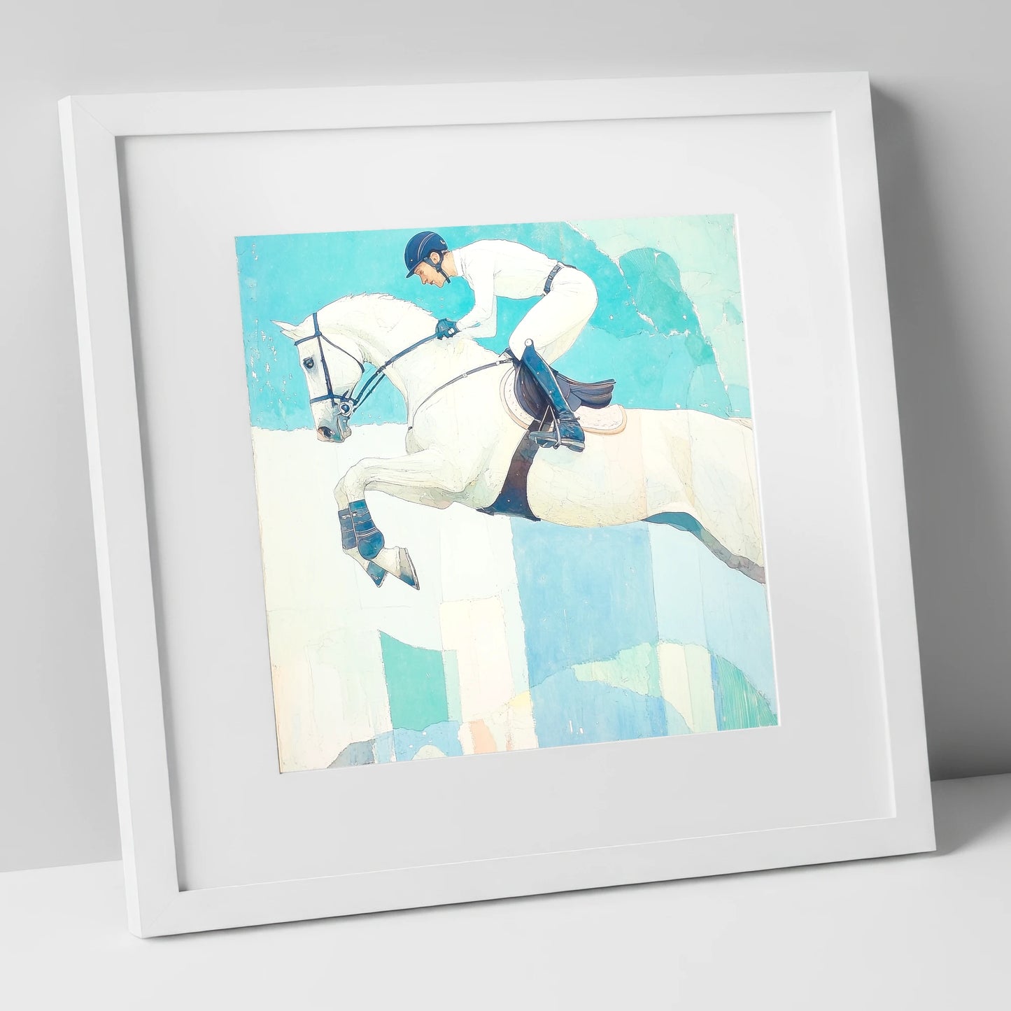 Teal Ascent show jumping horse art print in white frame
