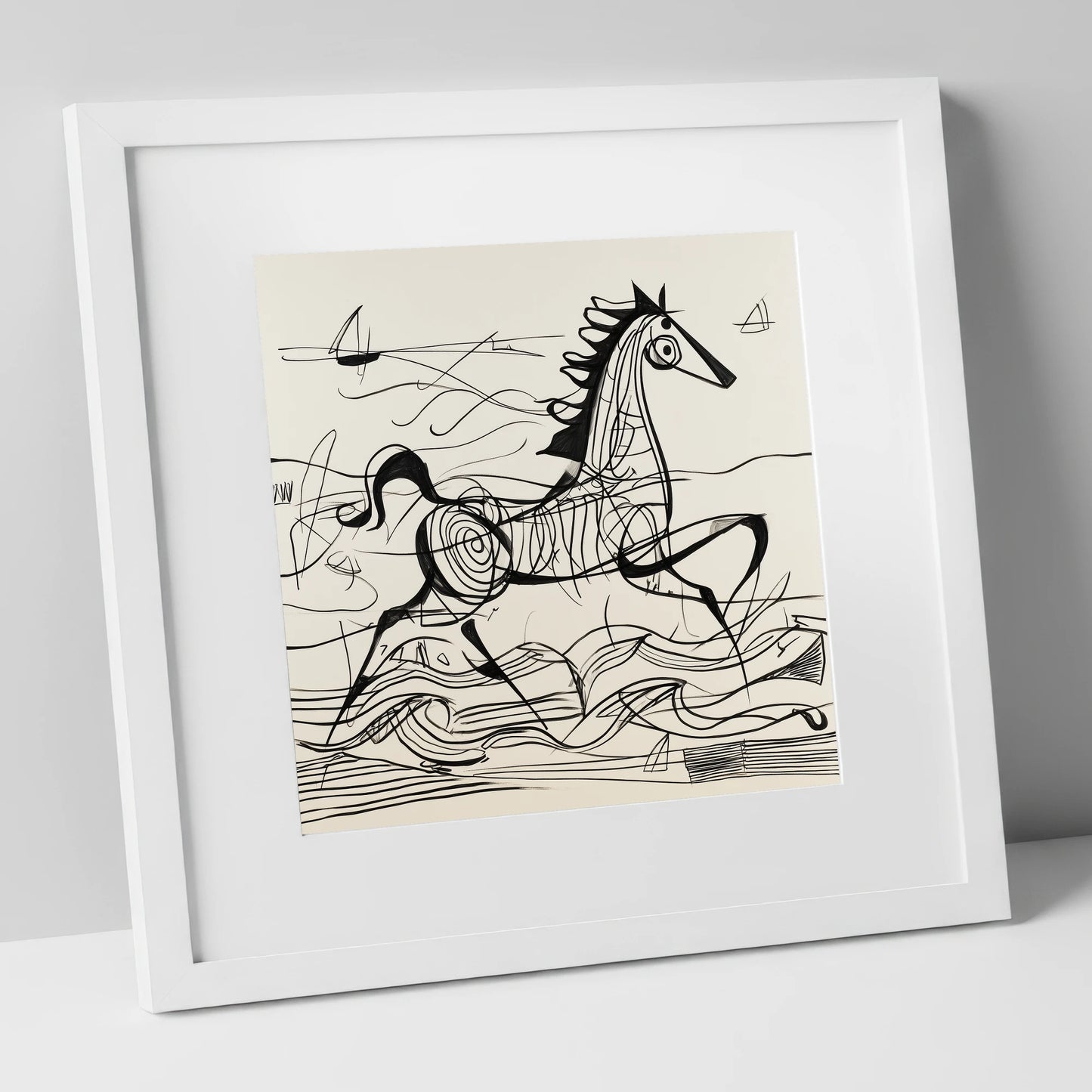 Structural Seaside Canter beach horse art print in white frame
