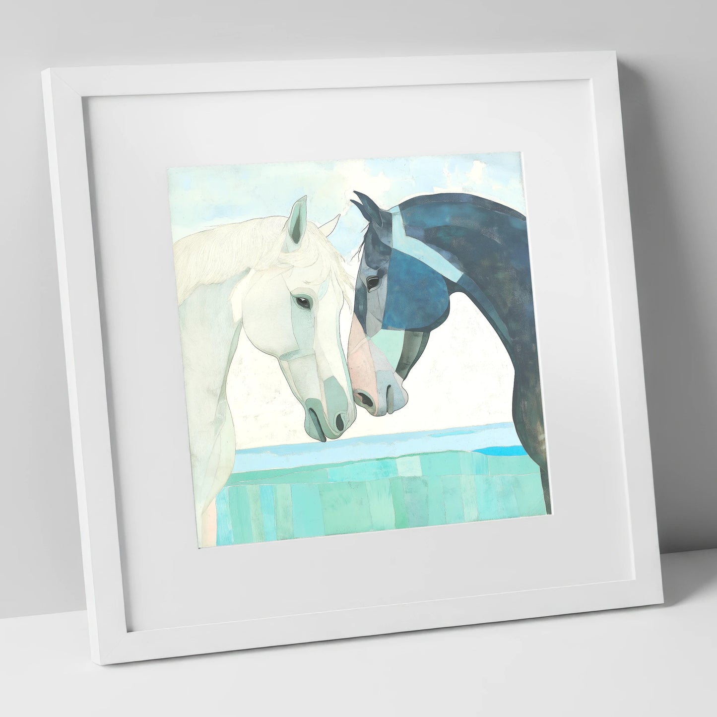 The Gentle Greeting horse portrait art print in white frame