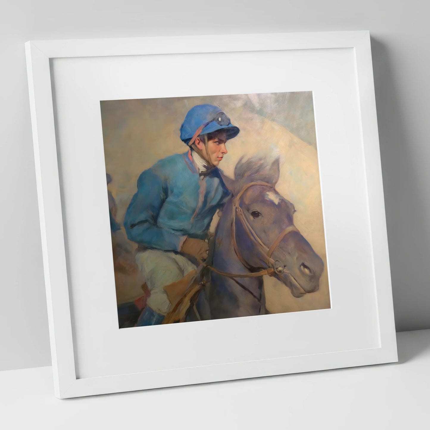 The Cerulean Silks racing horse art print in white frame