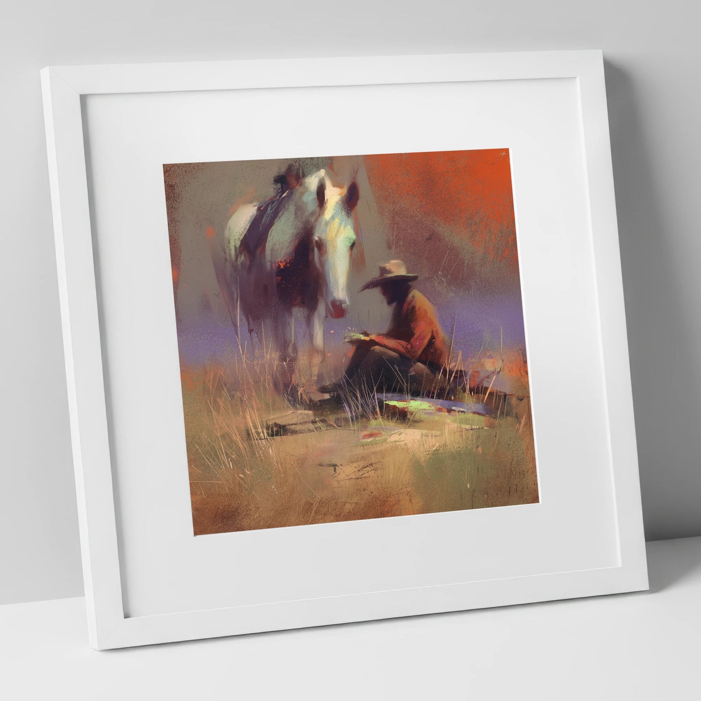 The Rider's Rest horse & rider art print in white frame