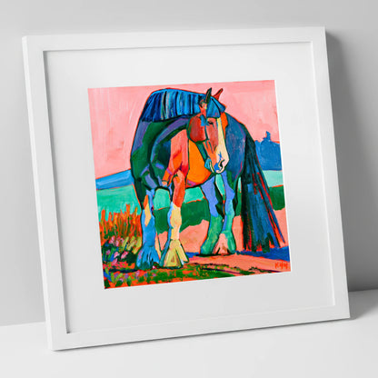 Colourful Shire Horse Portrait horse breed art print in white frame