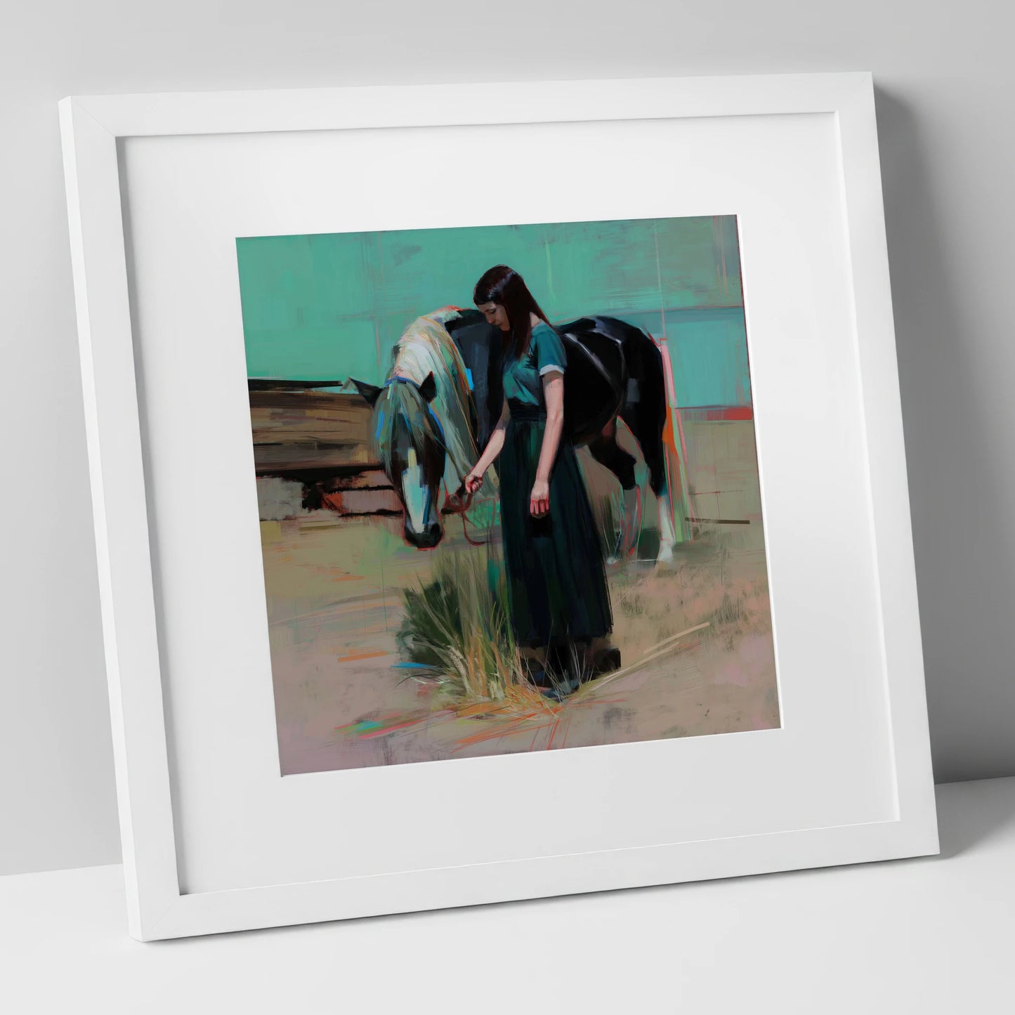 Stillness in Teal horse & rider art print in white frame