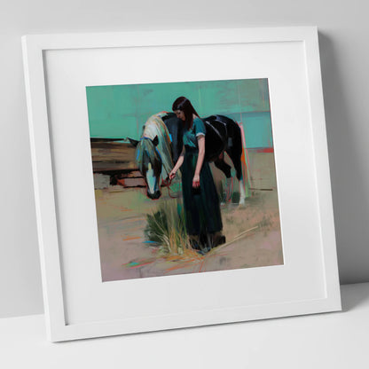 Stillness in Teal horse & rider art print in white frame