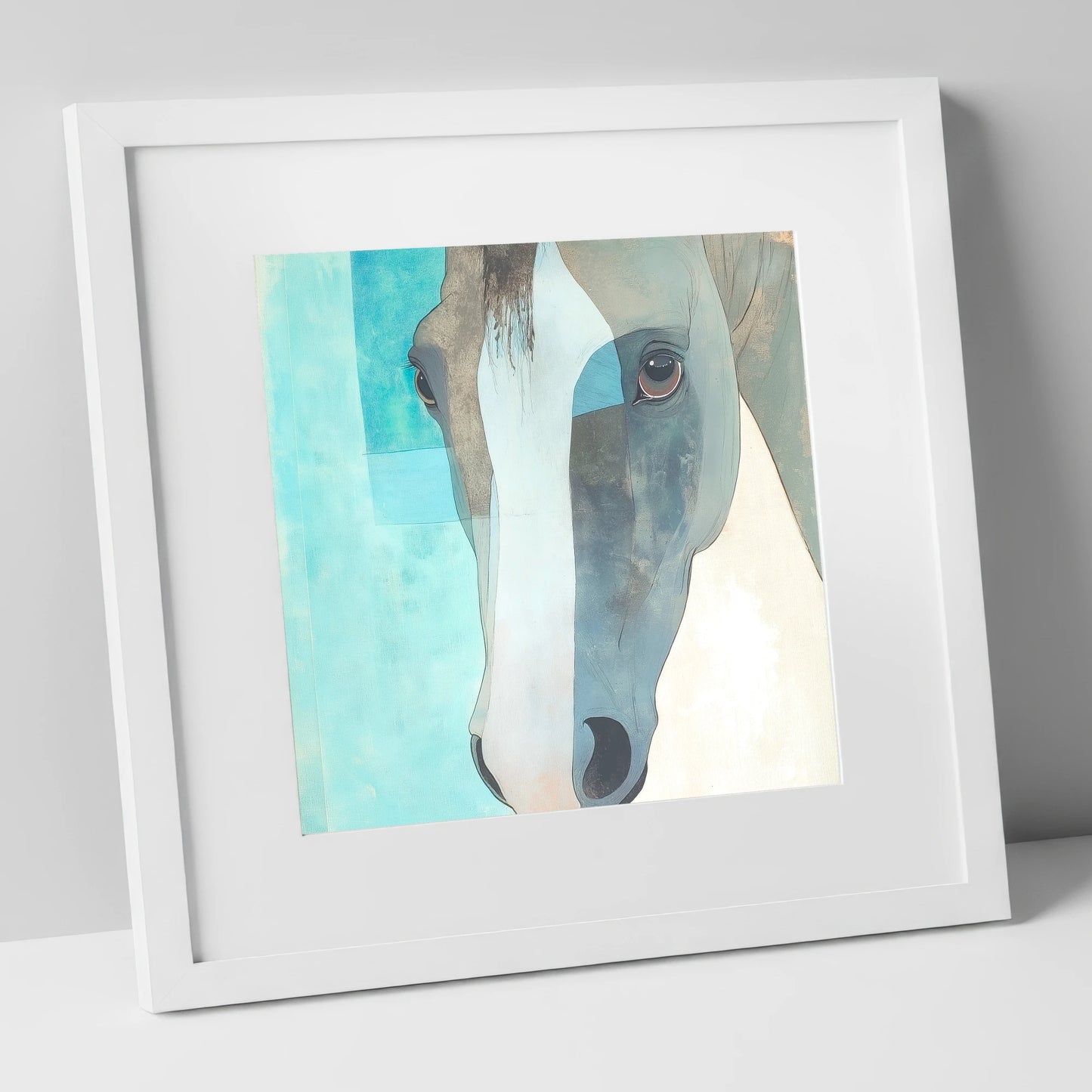 Modern Grey Gaze horse portrait art print in white frame