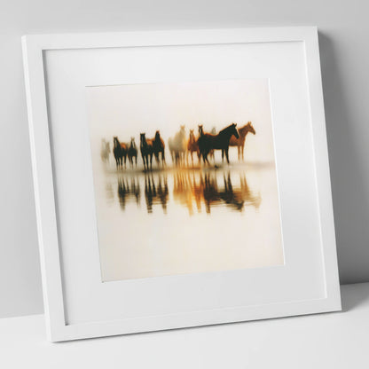 Mirrored in Mist wild horses art print in white frame