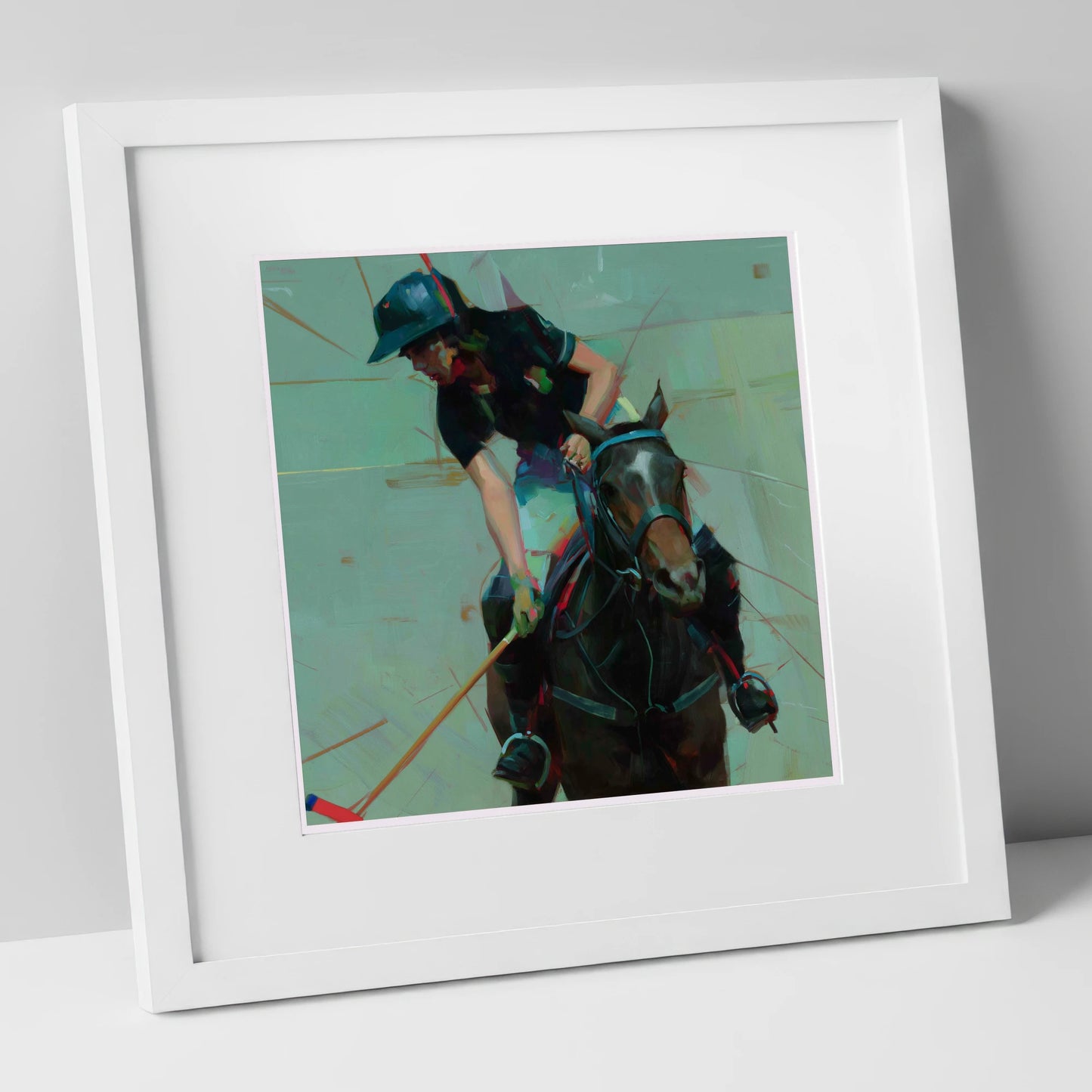Mid-Match Focus polo horse art print in white frame