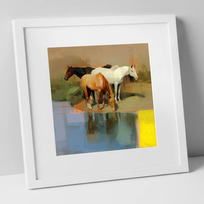 Vibrant Equine Reflections wild horses art print in white frame