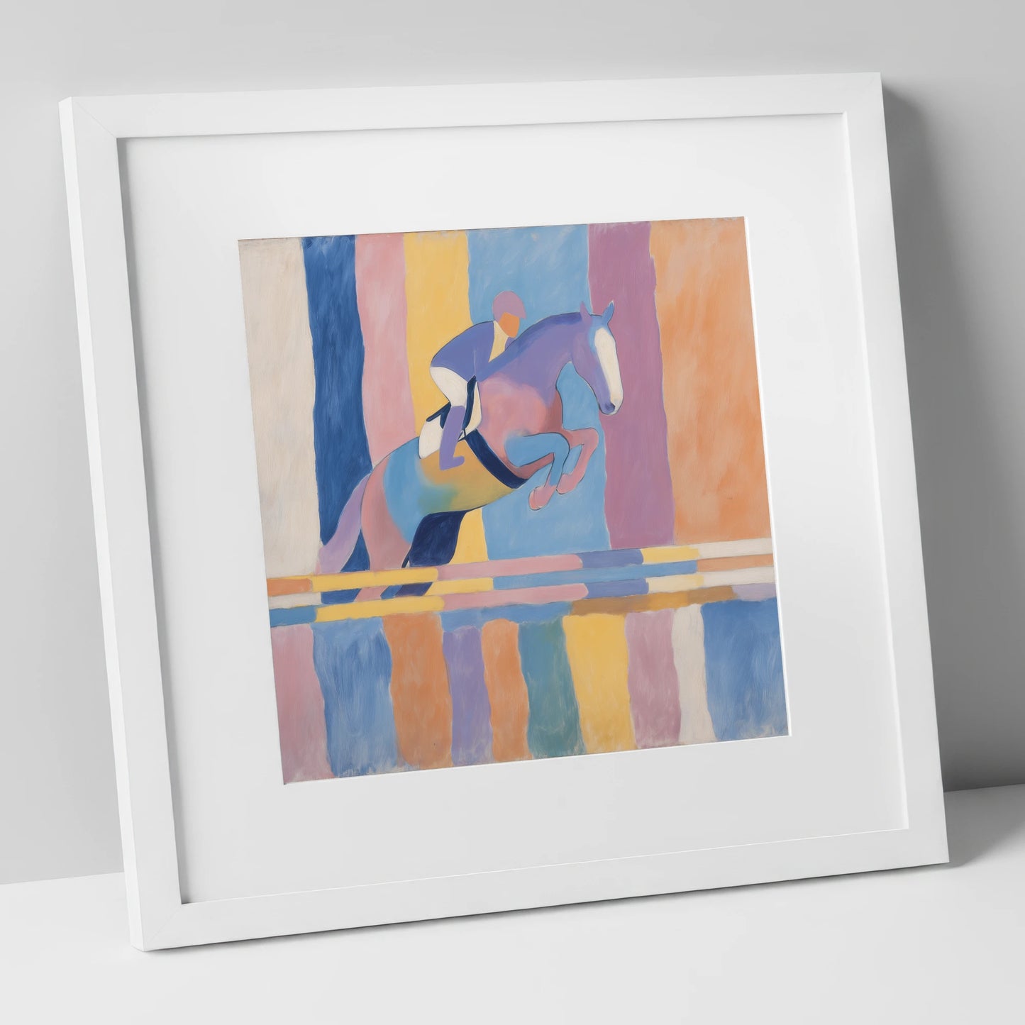 Pastel Flight show jumping horse art print in white frame