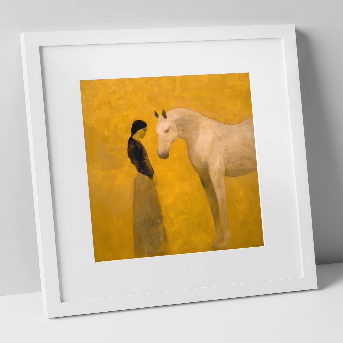 A Quiet Kinship horse & rider art print in white frame