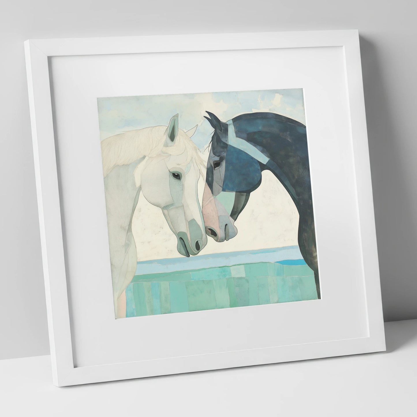 The Gentle Greeting horse portrait art print in white frame
