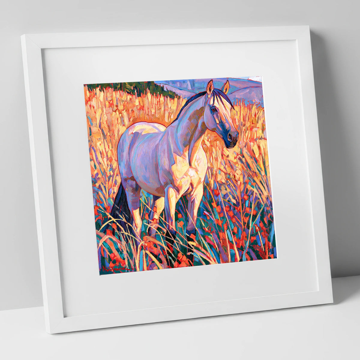 Vibrant Horse in Golden Grass horse breed art print in white frame