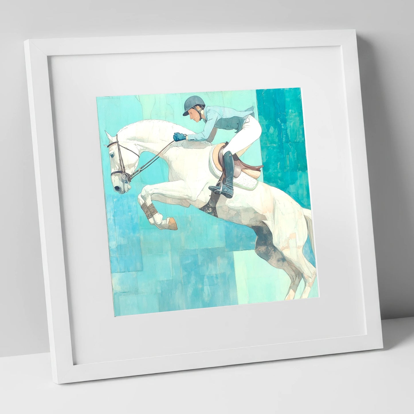 Airborne in Aquamarine show jumping horse art print in white frame