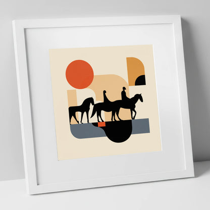Retro Equine Trail horse landscape art print in white frame