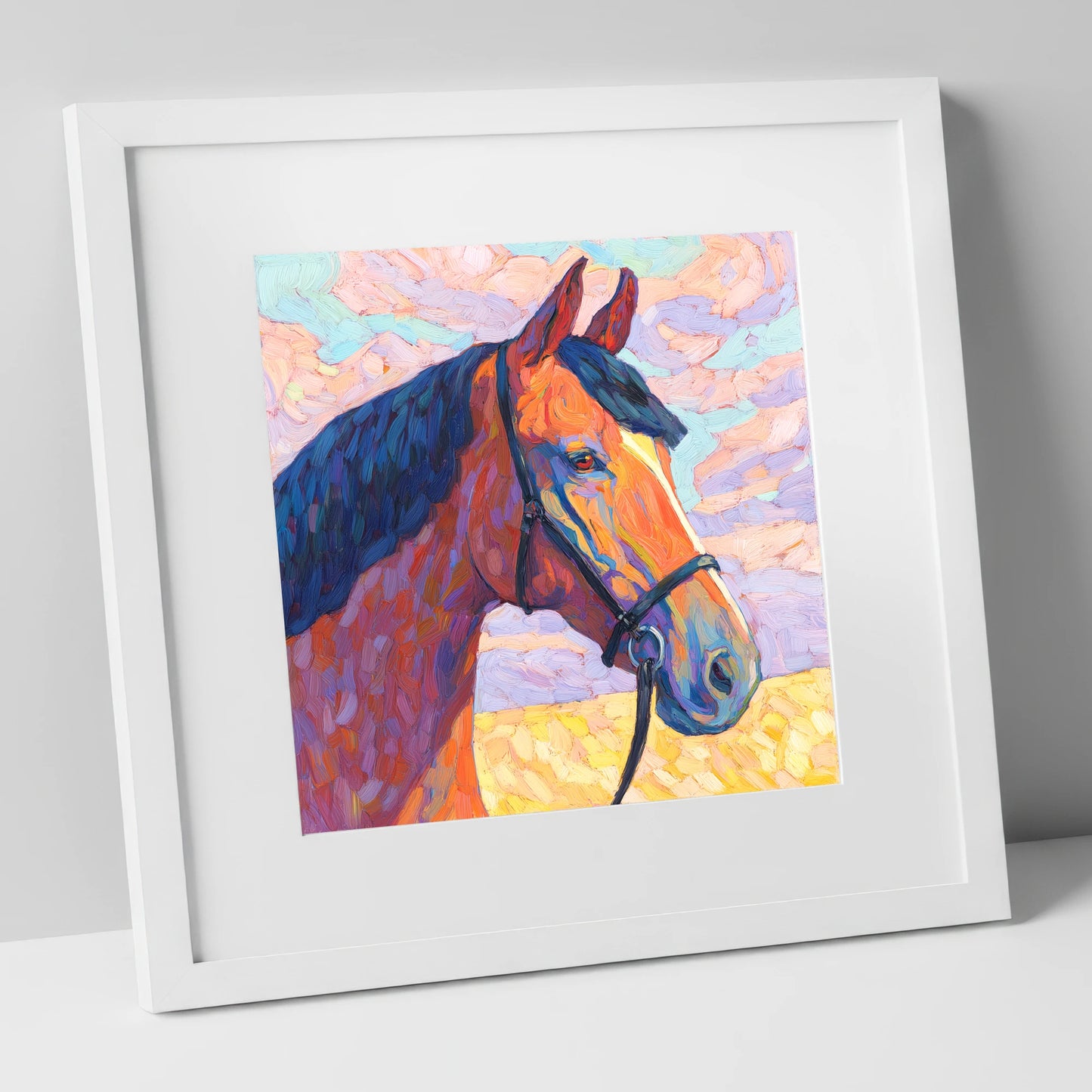 Painted Bay Profile horse portrait art print in white frame