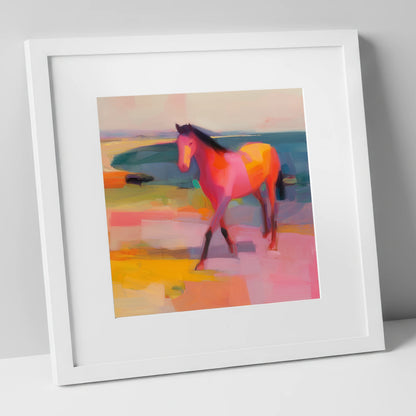 Vibrant Painted Stride horse landscape art print in white frame