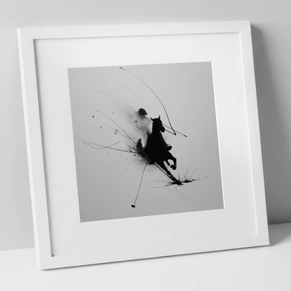 Phantom Polo Strike polo horse art print in white frame