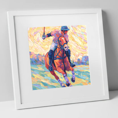Vivid Polo Pursuit polo horse art print in white frame