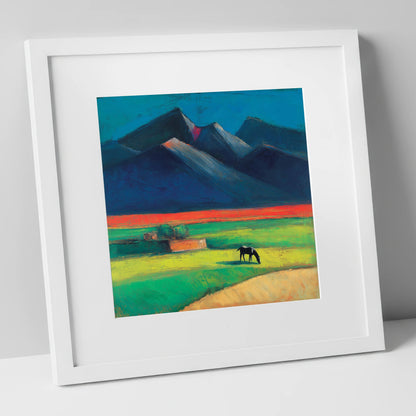 Grazing Beneath Indigo Peaks horse landscape art print in white frame