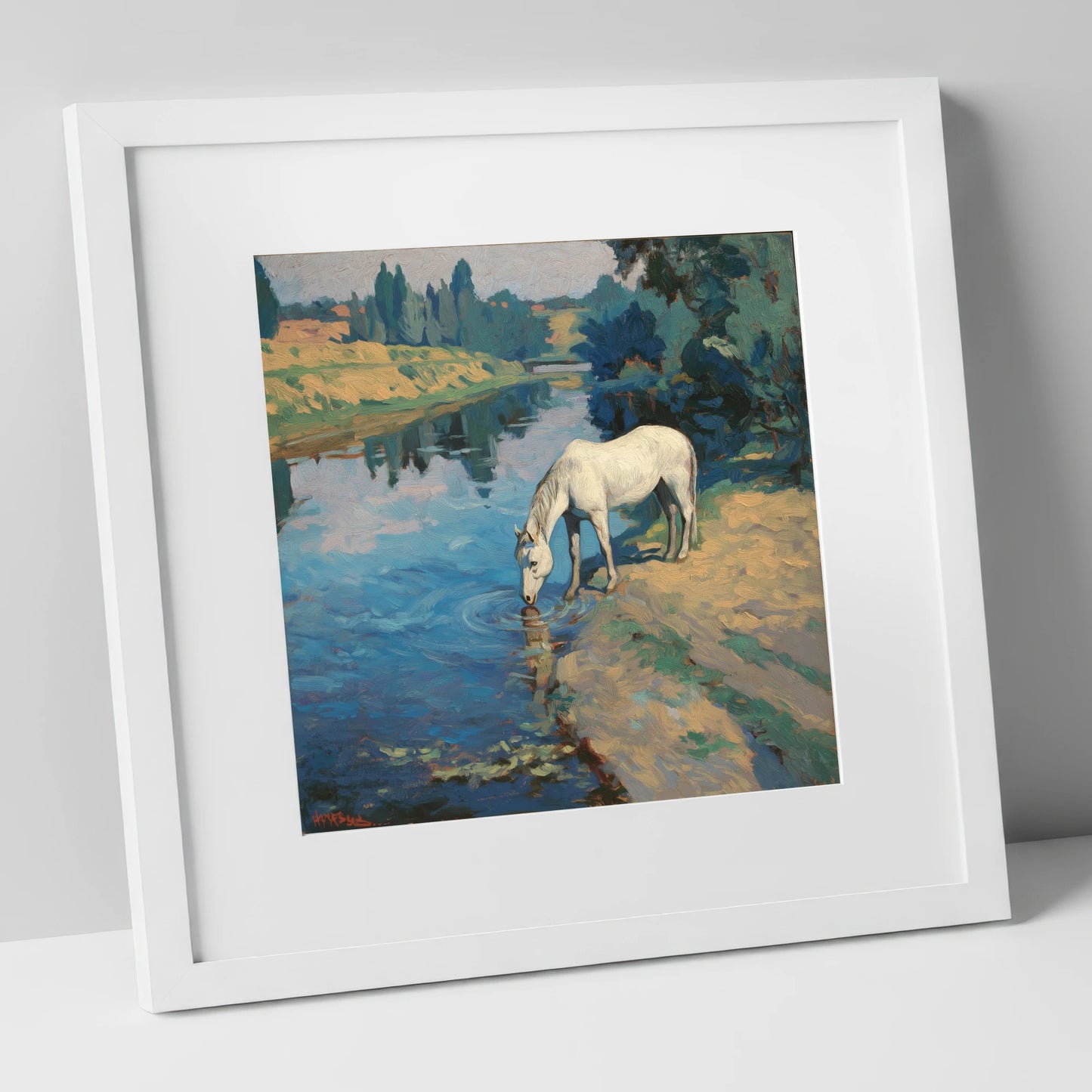 Solace at the River horse landscape art print in white frame