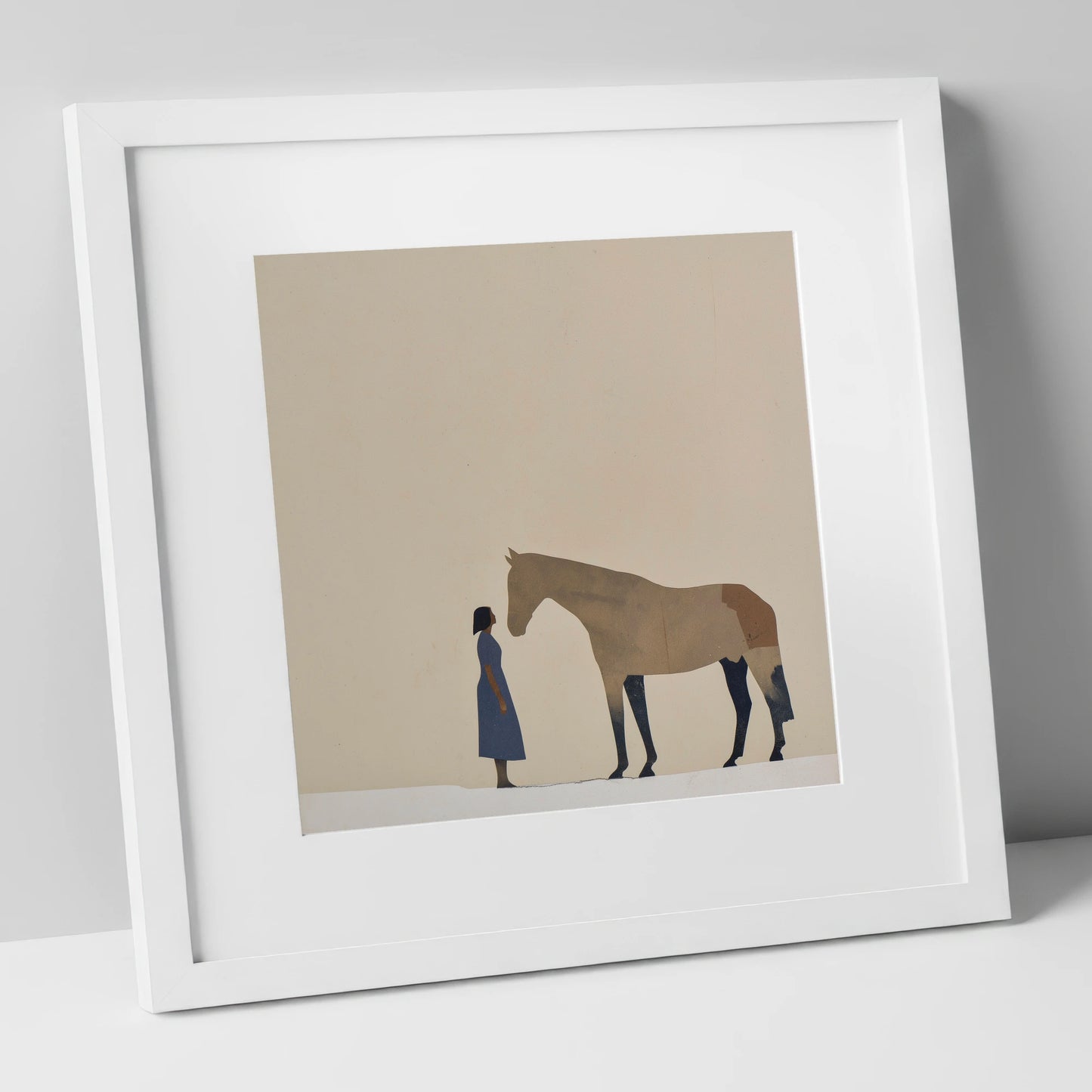 Silent Conversation horse & rider art print in white frame