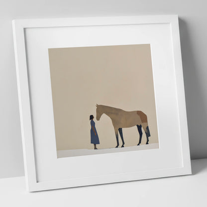 Silent Conversation horse & rider art print in white frame