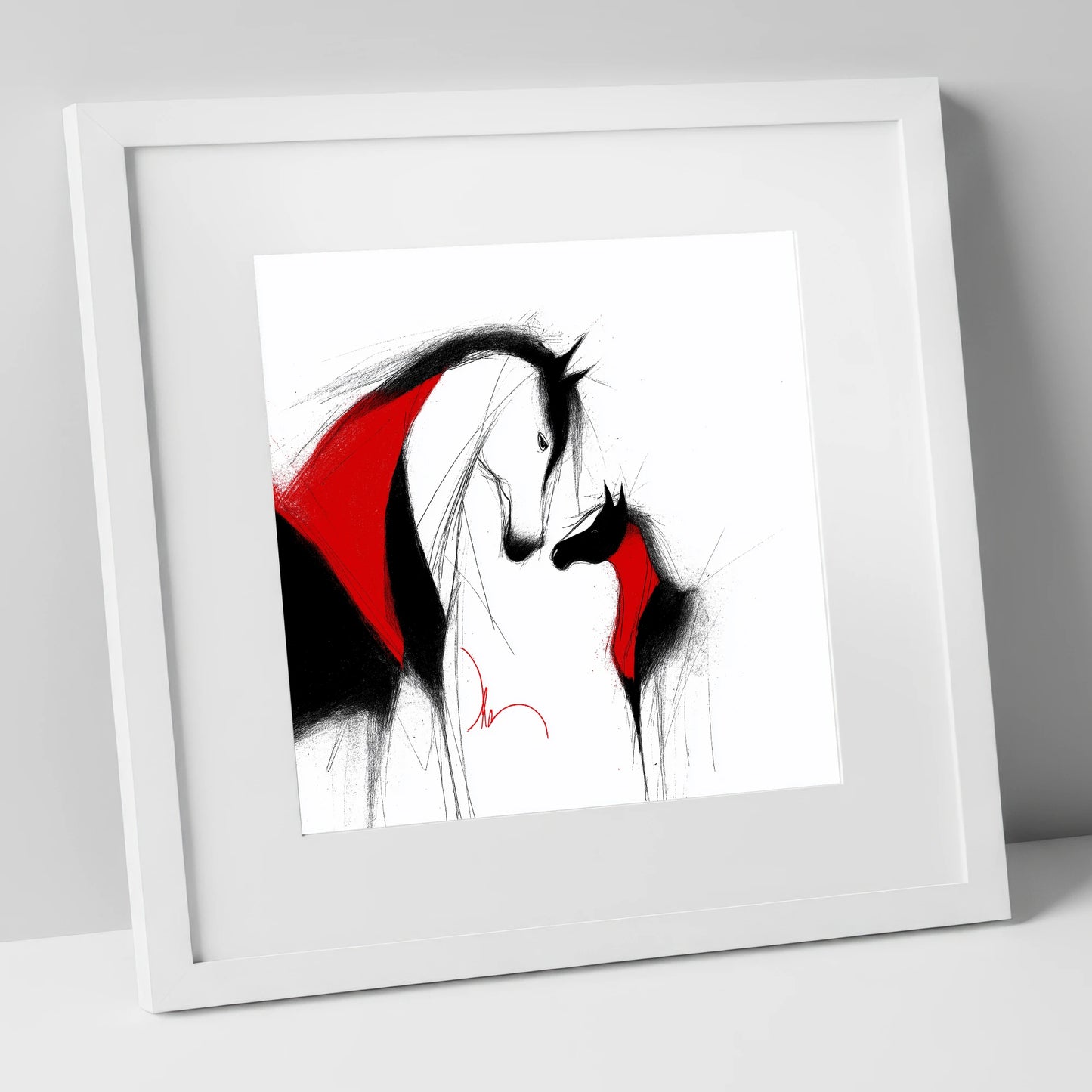 Crimson Bond mare & foal art print in white frame