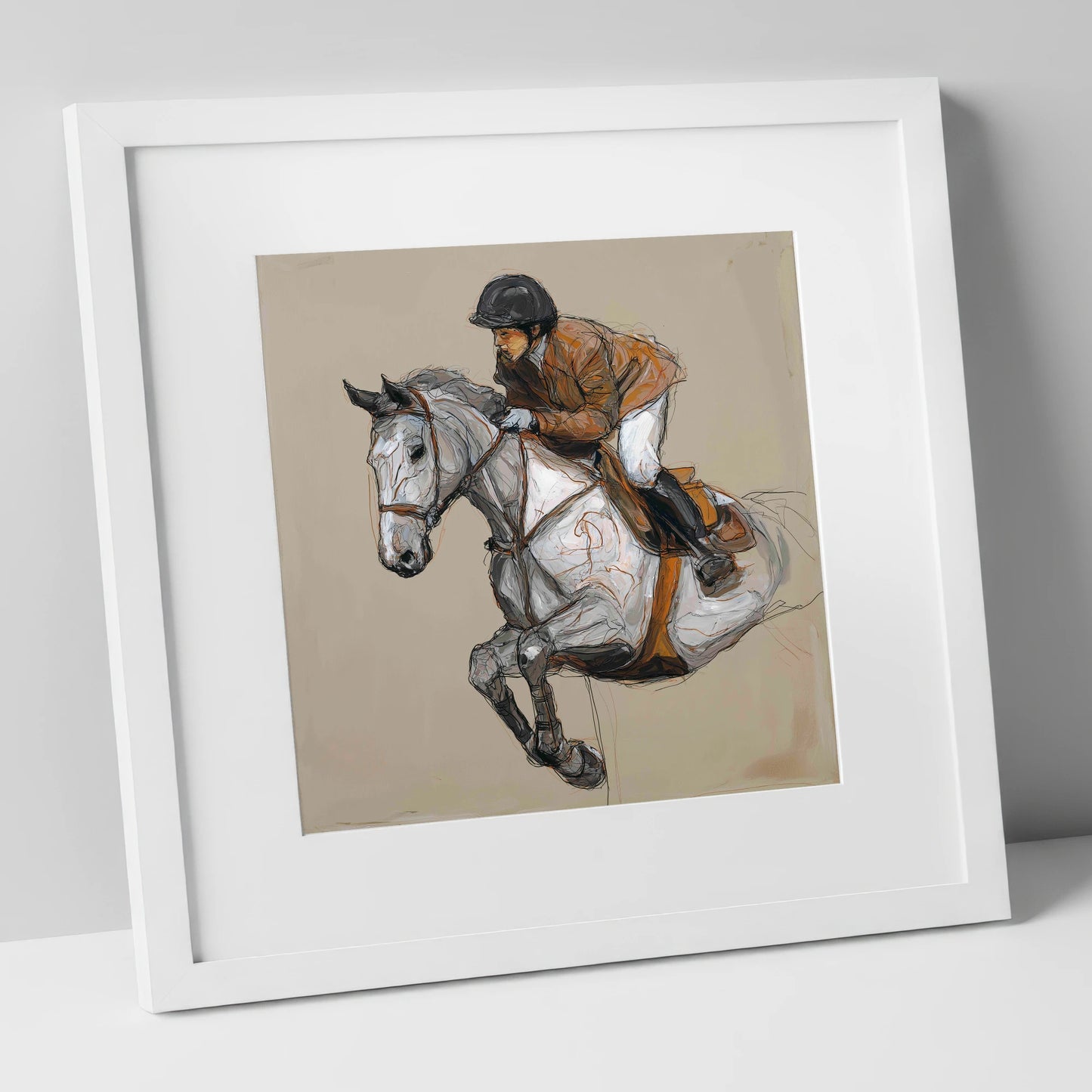Flight of the Grey show jumping horse art print in white frame