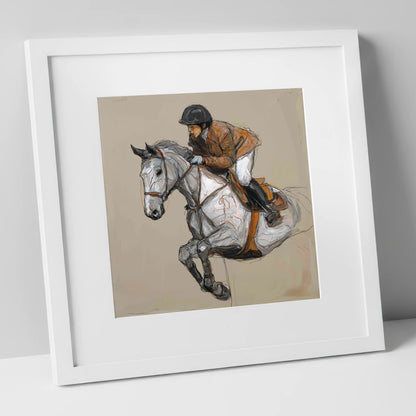 Flight of the Grey show jumping horse art print in white frame