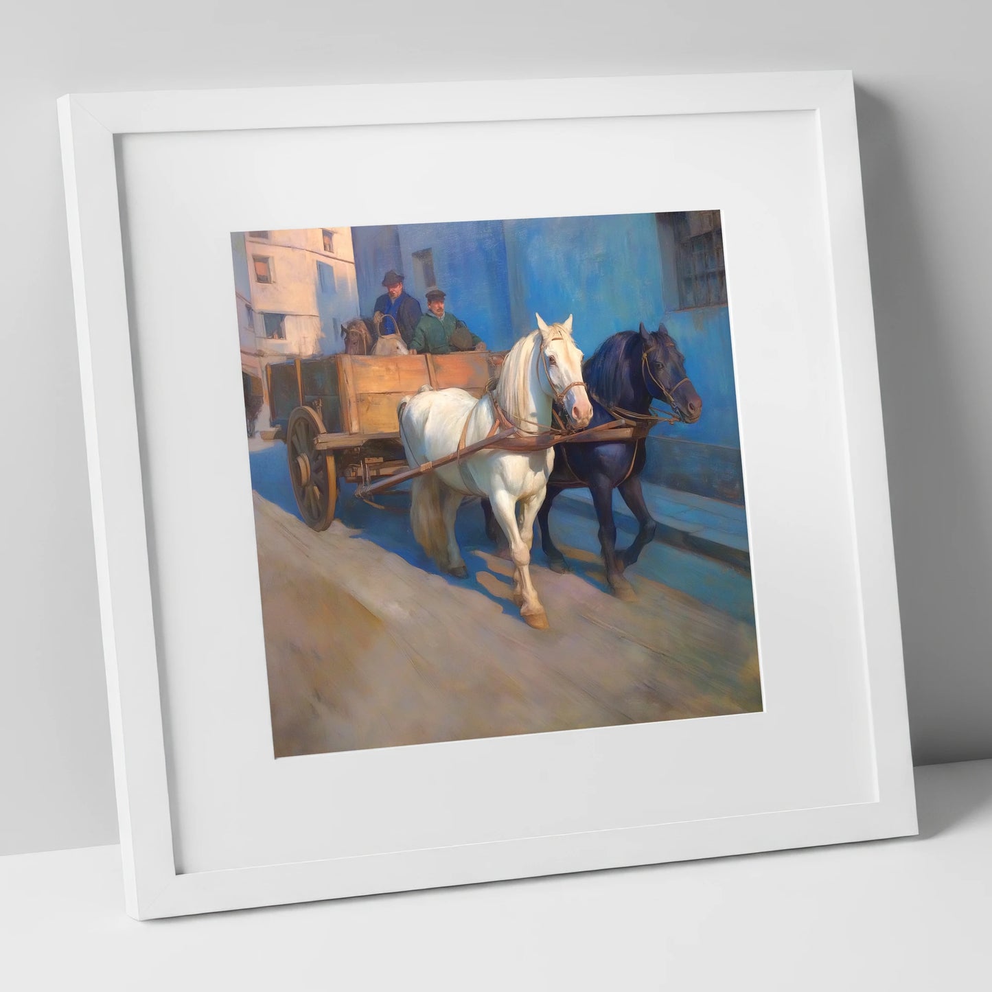 Sunlit Draught Pair working horse art print in white frame