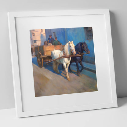 Sunlit Draught Pair working horse art print in white frame